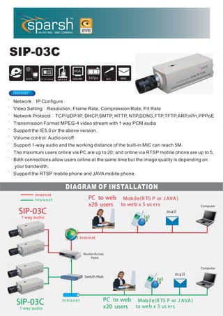 F                                               IP CAMERA


SIP-03C
  -
                                                   VGA

           www.      D C 1 2V / 500mA    MPE G4   640x480      30fps        MIC   MAIL




    Features

˙   Network IP Configure
˙   Video Setting            Resolution, Frame Rate, Compression Rate, P/I Rate
˙   Network Protocol                    TCP/UDP/IP, DHCP,SMTP, HTTP, NTP,DDNS,FTP,TFTP,ARP,nPn,PPPoE
˙   Transmission Format:MPEG-4 video stream with 1 way PCM audio
˙   Support the IE5.0 or the above version.
˙   Volume control: Audio on/off
˙   Support 1-way audio and the working distance of the built-in MIC can reach 5M.
˙   The maximum users online via PC are up to 20; and online via RTSP mobile phone are up to 5.
˙   Both connections allow users online at the same time but the image quality is depending on
    your bandwidth.
˙ Support the RTSP mobile phone and JAVA mobile phone.

                                              DIAGRAM OF INSTALLATION
                  In tern et
                  In tr a n e t                                PC to web Mob ile(R TS P or J AVA )
                                                               x20 users to we b x 5 us ers                    Computer
       SIP-03C                                                                                   m a il
        1 way audio




                                                       In tern et


                                                            Router/Access
                                                                 Point


                                                                                                               Computer

                                                            Switch Hub
                                                                                                      m a il




     SIP-03C                               In tr a n e t                PC to web Mob il e(R TS P or J AVA )
       1 way audio                                                      x20 users to we b x 5 us ers
 