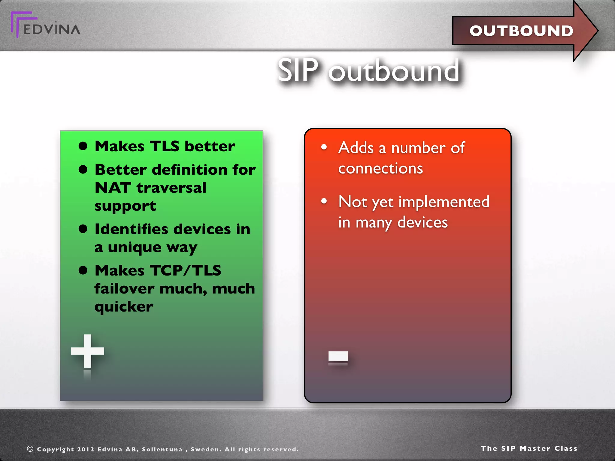 OUTBOUND

                                                                                                          SIP outbound

                    • Makes TLS better                                                                                 • Adds a number of
                    • Better deﬁnition for                                                                               connections
                            NAT traversal
                            support                                                                                    • Not yet implemented
                                                                                                                         in many devices
                    •       Identiﬁes devices in
                            a unique way
                    •       Makes TCP/TLS
                            failover much, much
                            quicker


                +                                                                                                      -
©   C o p y ri g h t 2 0 1 2 E d v i n a A B , S o l l e n t u n a , S w e d e n . A l l ri g h t s re s e r v e d .                        The SIP Master Class
 