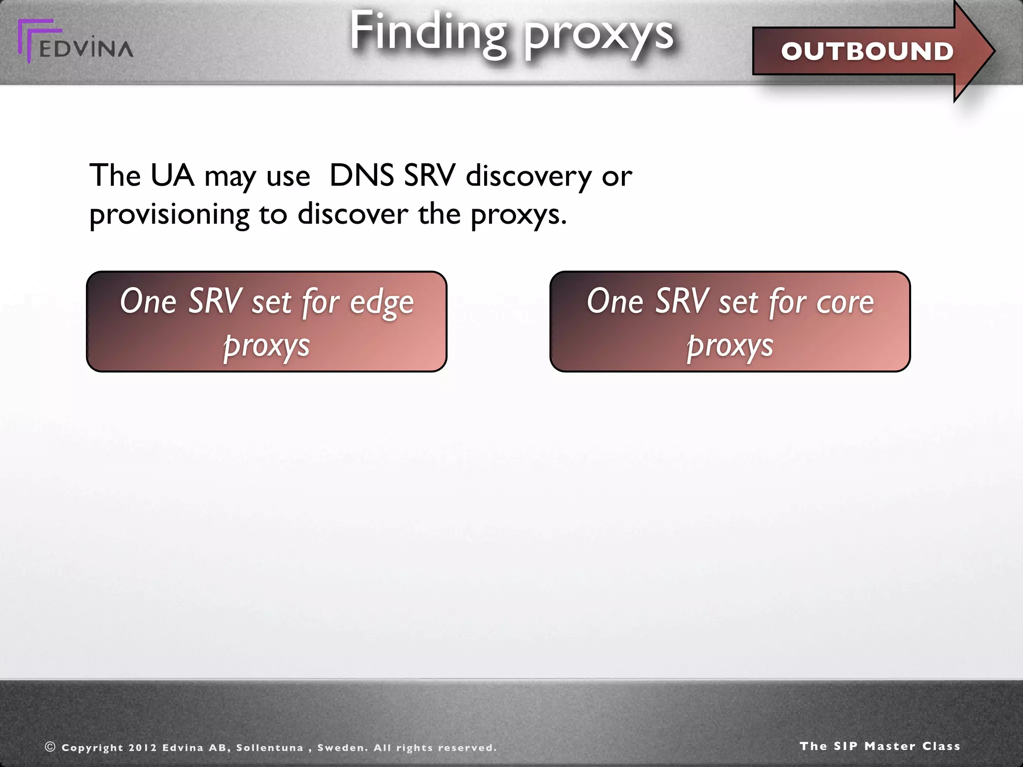 Finding proxys                                         OUTBOUND



           The UA may use DNS SRV discovery or
           provisioning to discover the proxys.

                  One SRV set for edge                                                                                 One SRV set for core
                        proxys                                                                                               proxys




©   C o p y ri g h t 2 0 1 2 E d v i n a A B , S o l l e n t u n a , S w e d e n . A l l ri g h t s re s e r v e d .                 The SIP Master Class
 