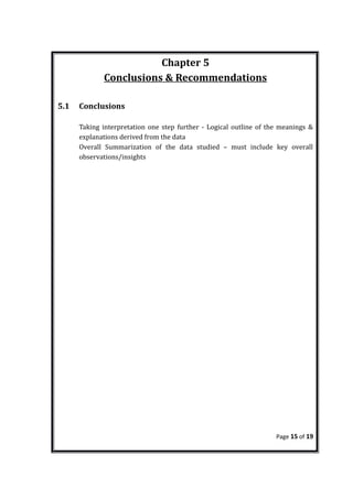 Chapter 5
Conclusions & Recommendations
5.1 Conclusions
Taking interpretation one step further - Logical outline of the meanings &
explanations derived from the data
Overall Summarization of the data studied – must include key overall
observations/insights
Page 15 of 19
 