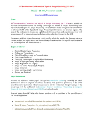 Conference Paper Image Processing 15th International Conference on Signal & Image Processing (SIP 2026) | PDF