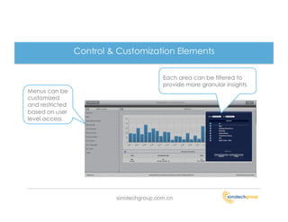 Control & Customization Elements

                                          Each area can be filtered to
                                          provide more granular insights
Menus can be
customized
and restricted
based on user
level access




                          sinotechgroup.com.cn
 
