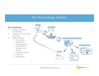 Our Technology Solution


Key features
1.    Online self-serve
      dashboard
2.    Alerting, monitoring &
      reporting
3.    Deep analysis
        •  Hot topics
        •  Sentiment
           Measurement
        •  Competitive
           analysis and
           trends
        •  Author analysis
        •  Location
        •  Language




                                    sinotechgroup.com.cn
 