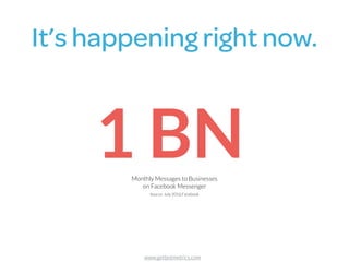 It’s happening right now.
1 BNMonthly Messages to Businesses  
on Facebook Messenger
Source: July 2016 Facebook
www.getbotmetrics.com
 