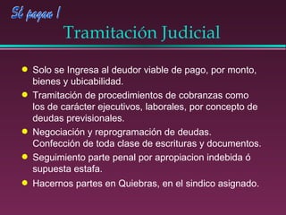 Tramitación Judicial Solo se Ingresa al deudor viable de pago, por monto, bienes y ubicabilidad. Tramitación de procedimientos de cobranzas como los de carácter ejecutivos, laborales, por concepto de deudas previsionales.  Negociación y reprogramación de deudas. Confección de toda clase de escrituras y documentos. Seguimiento parte penal por apropiacion indebida ó supuesta estafa. Hacernos partes en Quiebras, en el sindico asignado. 