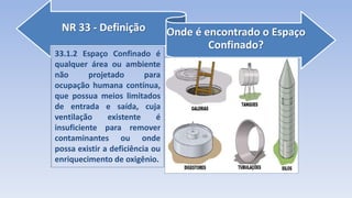 NR 33 - Definição Onde é encontrado o Espaço
Confinado?
33.1.2 Espaço Confinado é
qualquer área ou ambiente
não projetado para
ocupação humana contínua,
que possua meios limitados
de entrada e saída, cuja
ventilação existente é
insuficiente para remover
contaminantes ou onde
possa existir a deficiência ou
enriquecimento de oxigênio.
 