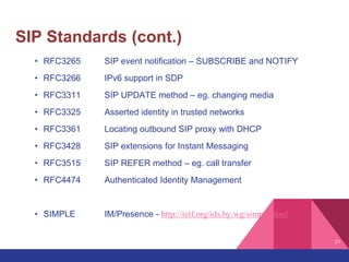 21
SIP Standards (cont.)
• RFC3265 SIP event notification – SUBSCRIBE and NOTIFY
• RFC3266 IPv6 support in SDP
• RFC3311 SIP UPDATE method – eg. changing media
• RFC3325 Asserted identity in trusted networks
• RFC3361 Locating outbound SIP proxy with DHCP
• RFC3428 SIP extensions for Instant Messaging
• RFC3515 SIP REFER method – eg. call transfer
• RFC4474 Authenticated Identity Management
• SIMPLE IM/Presence - http://ietf.org/ids.by.wg/simple.html
 