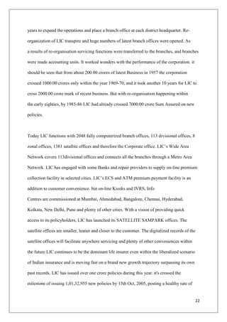 22
years to expand the operations and place a branch office at each district headquarter. Re-
organization of LIC transpire and huge numbers of latest branch offices were opened. As
a results of re-organisation servicing functions were transferred to the branches, and branches
were made accounting units. It worked wonders with the performance of the corporation. it
should be seen that from about 200.00 crores of latest Business in 1957 the corporation
crossed 1000.00 crores only within the year 1969-70, and it took another 10 years for LIC to
cross 2000.00 crore mark of recent business. But with re-organisation happening within
the early eighties, by 1985-86 LIC had already crossed 7000.00 crore Sum Assured on new
policies.
Today LIC functions with 2048 fully computerized branch offices, 113 divisional offices, 8
zonal offices, 1381 satallite offices and therefore the Corporate office. LIC’s Wide Area
Network covers 113divisional offices and connects all the branches through a Metro Area
Network. LIC has engaged with some Banks and repair providers to supply on-line premium
collection facility in selected cities. LIC’s ECS and ATM premium payment facility is an
addition to customer convenience. but on-line Kiosks and IVRS, Info
Centres are commissioned at Mumbai, Ahmedabad, Bangalore, Chennai, Hyderabad,
Kolkata, New Delhi, Pune and plenty of other cities. With a vision of providing quick
access to its policyholders, LIC has launched its SATELLITE SAMPARK offices. The
satellite offices are smaller, leaner and closer to the customer. The digitalized records of the
satellite offices will facilitate anywhere servicing and plenty of other conveniences within
the future.LIC continues to be the dominant life insurer even within the liberalized scenario
of Indian insurance and is moving fast on a brand new growth trajectory surpassing its own
past records. LIC has issued over one crore policies during this year. it's crossed the
milestone of issuing 1,01,32,955 new policies by 15th Oct, 2005, posting a healthy rate of
 