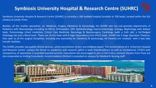 Symbiosis University Hospital & Research Centre (SUHRC)
Symbiosis University Hospital & Research Centre (SUHRC) is currently a 300 bedded hospital (scalable to 700 beds), located within the SIU
campus at Lavale, Pune.
Besides, all the mother specialties, viz. Medicine, Surgery, Obstetrics & Gynecology, the SUHRC also has sub-specialty departments of
Pediatrics with Neonatology (including an NICU), Orthopedics, ENT, Ophthalmology, Gastro-enterology, Urology, Nephrology with dialysis
beds, Pulmonology (chest medicine), Critical Care Medicine, Neurology & Neurosurgery, Cardiology (with a Cath lab), a full-fledged
Pathology lab and a Blood bank. There are 16 ICU beds with 6 High Dependency Unit (HDU) beds. SUHRC has 5 large Operation Theatres,
that cater to all the surgical disciplines, including one exclusively for Obstetrics & Gynecology. All theatres are ‘modular’ with 2 way data
transfer facilities.
The SUHRC provides top quality clinical services, which are protocol driven and evidence based. The nomenclature of a ‘University Hospital
and Research Centre’ conveys the thrust on academics and research, which is both interdisciplinary as well as translational. ETHICS with
transparency of operations is accorded topmost priority. Consultants are encouraged to join as full timers; eminent Doctors from Pune are
also empaneled as Visiting Consultants. Accommodation (limited) is provided on campus for Medical & Nursing staff.
4
 