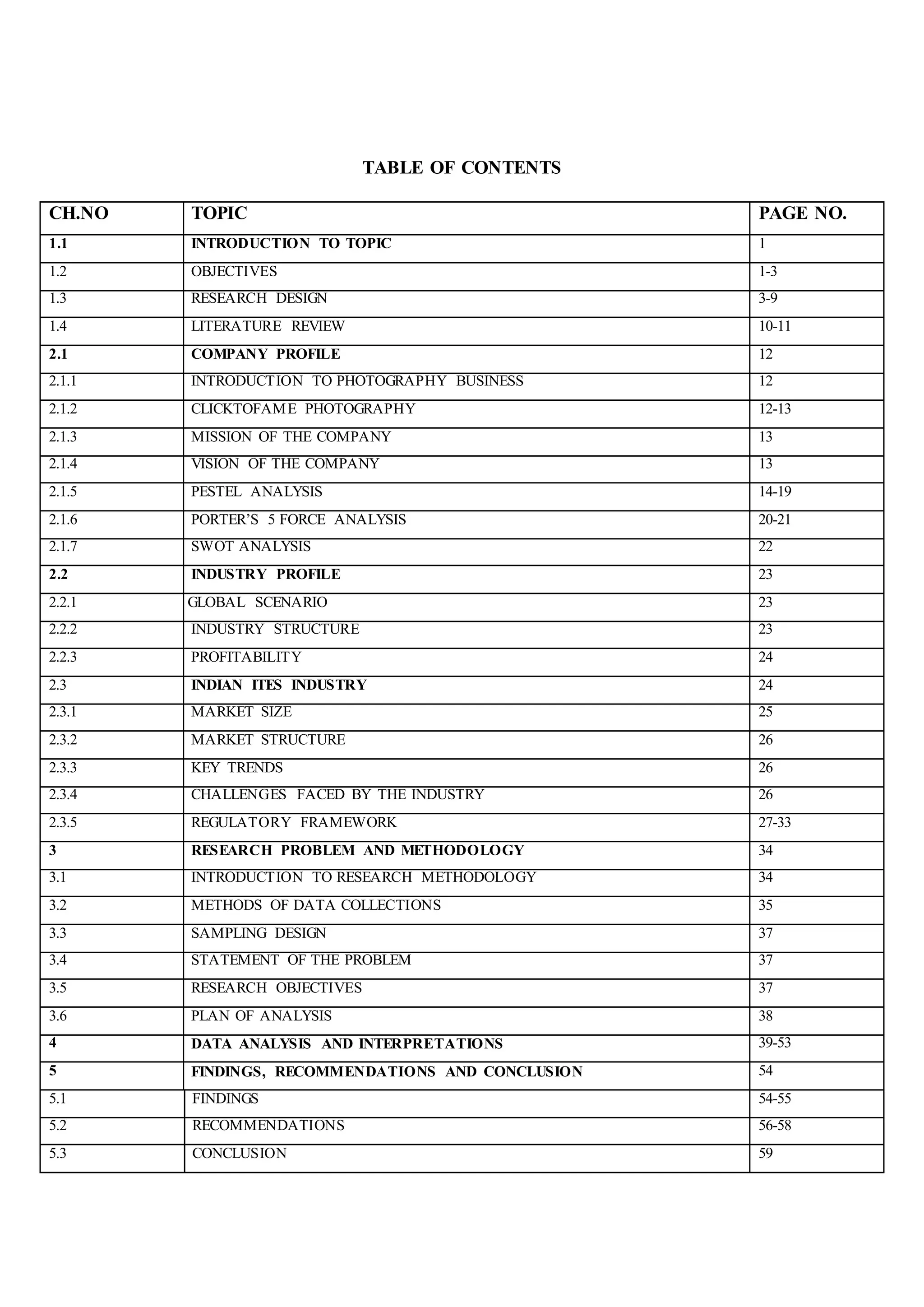 TABLE OF CONTENTS
CH.NO TOPIC PAGE NO.
1.1 INTRODUCTION TO TOPIC 1
1.2 OBJECTIVES 1-3
1.3 RESEARCH DESIGN 3-9
1.4 LITERATURE REVIEW 10-11
2.1 COMPANY PROFILE 12
2.1.1 INTRODUCTION TO PHOTOGRAPHY BUSINESS 12
2.1.2 CLICKTOFAME PHOTOGRAPHY 12-13
2.1.3 MISSION OF THE COMPANY 13
2.1.4 VISION OF THE COMPANY 13
2.1.5 PESTEL ANALYSIS 14-19
2.1.6 PORTER’S 5 FORCE ANALYSIS 20-21
2.1.7 SWOT ANALYSIS 22
2.2 INDUSTRY PROFILE 23
2.2.1 GLOBAL SCENARIO 23
2.2.2 INDUSTRY STRUCTURE 23
2.2.3 PROFITABILITY 24
2.3 INDIAN ITES INDUSTRY 24
2.3.1 MARKET SIZE 25
2.3.2 MARKET STRUCTURE 26
2.3.3 KEY TRENDS 26
2.3.4 CHALLENGES FACED BY THE INDUSTRY 26
2.3.5 REGULATORY FRAMEWORK 27-33
3 RESEARCH PROBLEM AND METHODOLOGY 34
3.1 INTRODUCTION TO RESEARCH METHODOLOGY 34
3.2 METHODS OF DATA COLLECTIONS 35
3.3 SAMPLING DESIGN 37
3.4 STATEMENT OF THE PROBLEM 37
3.5 RESEARCH OBJECTIVES 37
3.6 PLAN OF ANALYSIS 38
4 DATA ANALYSIS AND INTERPRETATIONS 39-53
5 FINDINGS, RECOMMENDATIONS AND CONCLUSION 54
5.1 FINDINGS 54-55
5.2 RECOMMENDATIONS 56-58
5.3 CONCLUSION 59
 
