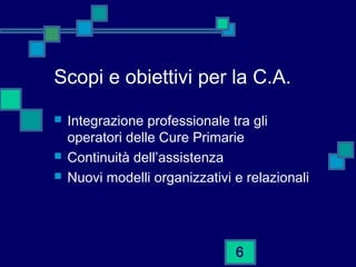 Scopi e obiettivi per la C.A.





Integrazione professionale tra gli
operatori delle Cure Primarie
Continuità dell’assistenza
Nuovi modelli organizzativi e relazionali

6

 