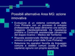 Possibili alternative Area MG: azione
innovativa
 Evoluzione di un sistema contrattuale delle
Cure Primarie con un processo di sviluppo
professionale che passi attraverso una sempre
maggiore interdisciplinarietà tra Assistenza
primaria e Continuità assistenziale (dinamicità
del doppio incarico – Medico del Territorio)
 Risposta assistenziale riferibile ad un processo
univoco (compiti propri delle Cure Primarie)
 Relazione tra operatori favorita da linguaggio
comune e obiettivi comuni (scelta e quota
capitaria) ognuno con proprie specificità
23
 