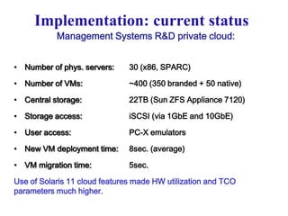 Implementation: current status
Management Systems R&D private cloud:
• Number of phys. servers: 30 (x86, SPARC)
• Number of VMs: ~400 (350 branded + 50 native)
• Central storage: 22TB (Sun ZFS Appliance 7120)
• Storage access: iSCSI (via 1GbE and 10GbE)
• User access: PC-X emulators
• New VM deployment time: 8sec. (average)
• VM migration time: 5sec.
Use of Solaris 11 cloud features made HW utilization and TCO
parameters much higher.
 