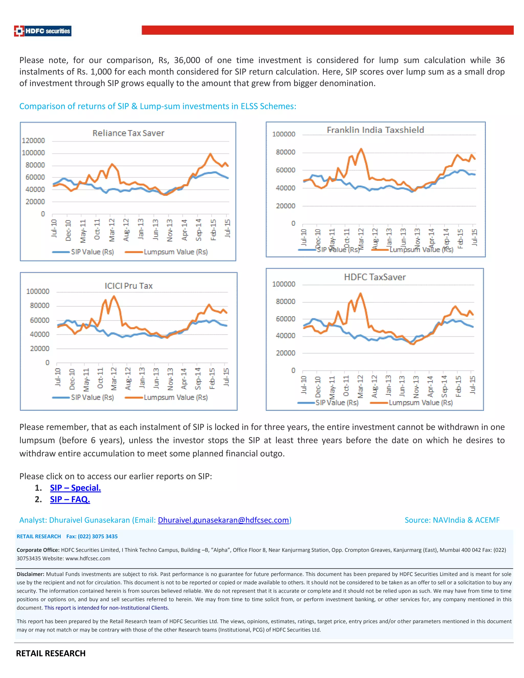RETAIL RESEARCH
Please note, for our comparison, Rs, 36,000 of one time investment is considered for lump sum calculation while 36
instalments of Rs. 1,000 for each month considered for SIP return calculation. Here, SIP scores over lump sum as a small drop
of investment through SIP grows equally to the amount that grew from bigger denomination.
Comparison of returns of SIP & Lump-sum investments in ELSS Schemes:
Please remember, that as each instalment of SIP is locked in for three years, the entire investment cannot be withdrawn in one
lumpsum (before 6 years), unless the investor stops the SIP at least three years before the date on which he desires to
withdraw entire accumulation to meet some planned financial outgo.
Please click on to access our earlier reports on SIP:
1. SIP – Special.
2. SIP – FAQ.
Analyst: Dhuraivel Gunasekaran (Email: Dhuraivel.gunasekaran@hdfcsec.com) Source: NAVIndia & ACEMF
RBI & AMC Sites
RETAIL RESEARCH Fax: (022) 3075 3435
Corporate Office: HDFC Securities Limited, I Think Techno Campus, Building –B, ”Alpha”, Office Floor 8, Near Kanjurmarg Station, Opp. Crompton Greaves, Kanjurmarg (East), Mumbai 400 042 Fax: (022)
30753435 Website: www.hdfcsec.com
Disclaimer: Mutual Funds investments are subject to risk. Past performance is no guarantee for future performance. This document has been prepared by HDFC Securities Limited and is meant for sole
use by the recipient and not for circulation. This document is not to be reported or copied or made available to others. It should not be considered to be taken as an offer to sell or a solicitation to buy any
security. The information contained herein is from sources believed reliable. We do not represent that it is accurate or complete and it should not be relied upon as such. We may have from time to time
positions or options on, and buy and sell securities referred to herein. We may from time to time solicit from, or perform investment banking, or other services for, any company mentioned in this
document. This report is intended for non-Institutional Clients.
This report has been prepared by the Retail Research team of HDFC Securities Ltd. The views, opinions, estimates, ratings, target price, entry prices and/or other parameters mentioned in this document
may or may not match or may be contrary with those of the other Research teams (Institutional, PCG) of HDFC Securities Ltd.
 