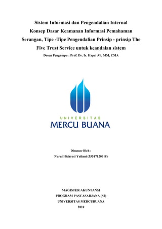 Sistem Informasi dan Pengendalian Internal
Konsep Dasar Keamanan Informasi Pemahaman
Serangan, Tipe -Tipe Pengendalian Prinsip - prinsip The
Five Trust Service untuk keandalan sistem
Dosen Pengampu : Prof. Dr. Ir. Hapzi Ali, MM, CMA
Disusun Oleh :
Nurul Hidayati Yuliani (55517120018)
MAGISTER AKUNTANSI
PROGRAM PASCASARJANA (S2)
UNIVERSITAS MERCUBUANA
2018
 