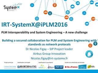 IRT-SystemX@iPLM2016
PLM Interoperability and System Engineering – A new challenge
Building a secured collaboration for PLM and System Engineering with
standards as network protocols
Dr Nicolas Figay – SIP Project leader
Airbus Group Innovation
Nicolas.figay@irt-systemx.fr
 