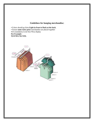 Guidelines for hanging merchandise:

• Colors should go from Light in front to Dark at the back.
• Ensure same style/ price merchandise are placed together
•It Is mandatory to do Size Wise display
For Example-
XS/S/M/L/XL/XXL
 