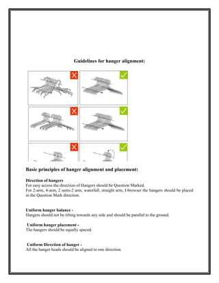 Guidelines for hanger alignment:




Basic principles of hanger alignment and placement:

Direction of hangers
For easy access the direction of Hangers should be Question Marked.
For 2-arm, 4-arm, 2 units-2 arm, waterfall, straight arm, I-browser the hangers should be placed
in the Question Mark direction.


Uniform hanger balance -
Hangers should not be tilting towards any side and should be parallel to the ground.

Uniform hanger placement -
The hangers should be equally spaced.


Uniform Direction of hanger -
All the hanger heads should be aligned to one direction.
 