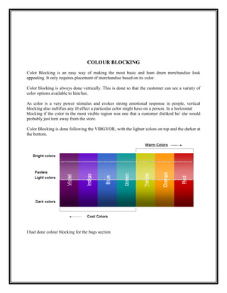 COLOUR BLOCKING
Color Blocking is an easy way of making the most basic and hum drum merchandise look
appealing. It only requires placement of merchandise based on its color.

Color blocking is always done vertically. This is done so that the customer can see a variety of
color options available to him/her.

As color is a very power stimulus and evokes strong emotional response in people, vertical
blocking also nullifies any ill effect a particular color might have on a person. In a horizontal
blocking if the color in the most visible region was one that a customer disliked he/ she would
probably just turn away from the store.

Color Blocking is done following the VIBGYOR, with the lighter colors on top and the darker at
the bottom.




I had done colour blocking for the bags section
 