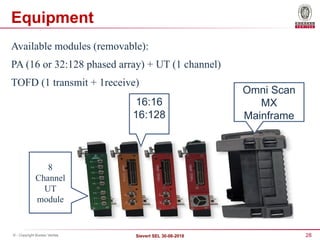 28
Sievert SEL 30-08-2018
© - Copyright Bureau Veritas
Equipment
Available modules (removable):
PA (16 or 32:128 phased array) + UT (1 channel)
TOFD (1 transmit + 1receive)
8
Channel
UT
module
Omni Scan
MX
Mainframe
16:16
16:128
 