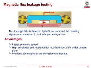 60
Sievert SEL 30-08-2018
© - Copyright Bureau Veritas
This leakage field is detected by MFL sensors and the resulting
signals are processed to estimate percentage loss
Magnetic flux leakage testing
 Faster scanning speed.
 High sensitivity and resolution for localized corrosion under bottom
plate
 Provides 2D imaging of the corrosion under plate.
Advantages
 