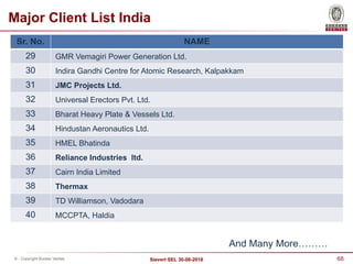 68
Sievert SEL 30-08-2018
© - Copyright Bureau Veritas
Major Client List India
Sr. No. NAME
29 GMR Vemagiri Power Generation Ltd.
30 Indira Gandhi Centre for Atomic Research, Kalpakkam
31 JMC Projects Ltd.
32 Universal Erectors Pvt. Ltd.
33 Bharat Heavy Plate & Vessels Ltd.
34 Hindustan Aeronautics Ltd.
35 HMEL Bhatinda
36 Reliance Industries ltd.
37 Cairn India Limited
38 Thermax
39 TD Williamson, Vadodara
40 MCCPTA, Haldia
And Many More………
 