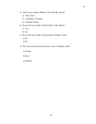 32
32
5) How do you compare Reliance Fresh with Big- Bazaar?
a) Price Factor.
b) Availability of Product.
c) Customer Service.
6) Do you feel easy to find out the product in Big- Bazaar?
a) Yes.
b) No.
7) Do you feel easy to find out the product in Reliance Fresh?
a) Yes.
b) No.
8) How do you feel about the customer service of Reliance fresh?
a) Average
b) Good
c) Excellent.
 
