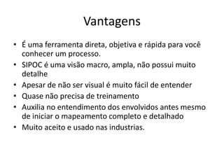 Vantagens
• É uma ferramenta direta, objetiva e rápida para você
conhecer um processo.
• SIPOC é uma visão macro, ampla, não possui muito
detalhe
• Apesar de não ser visual é muito fácil de entender
• Quase não precisa de treinamento
• Auxilia no entendimento dos envolvidos antes mesmo
de iniciar o mapeamento completo e detalhado
• Muito aceito e usado nas industrias.
 