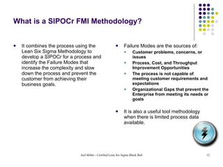 What is a SIPOCr FMI Methodology? It combines the process using the Lean Six Sigma Methodology to develop a SIPOCr for a process and identify the Failure Modes that increase the complexity and slow down the process and prevent the customer from achieving their business goals. Failure Modes are the sources of: Customer problems, concerns, or issues Process, Cost, and Throughput Improvement Opportunities The process is not capable of meeting customer requirements and expectations Organizational Gaps that prevent the Enterprise from meeting its needs or goals It is also a useful tool methodology when there is limited process data available. 
