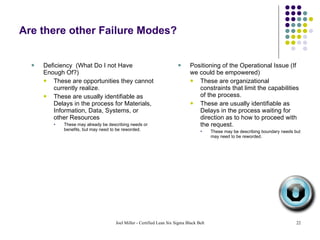 Are there other Failure Modes? Deficiency  (What Do I not Have Enough Of?)  These are opportunities they cannot currently realize. These are usually identifiable as Delays in the process for Materials, Information, Data, Systems, or other Resources These may already be describing needs or benefits, but may need to be reworded.  Positioning of the Operational Issue (If we could be empowered)  These are organizational constraints that limit the capabilities of the process.  These are usually identifiable as Delays in the process waiting for direction as to how to proceed with the request. These may be describing boundary needs but may need to be reworded.  