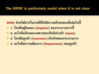 SIPOC ช่วยได้มากในกรณีที่ยังมีความสับสนของสิ่งต่อไปนี้
 1. ใครคือผู้ส่งมอบ (Suppliers) ของกระบวนการนี้
 2. อะไรคือลักษณะเฉพาะของปัจจัยนาเข้า (Inputs)
 3. ใครคือลูกค้า (Customers) ตัวจริงของกระบวนการ
 4. อะไรคือความต้องการ (Requirements) ของลูกค้า
 