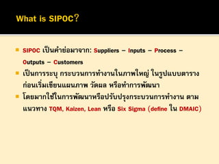  SIPOC เป็นคาย่อมาจาก: Suppliers – Inputs – Process –
Outputs – Customers
 เป็นการระบุ กระบวนการทางานในภาพใหญ่ ในรูปแบบตาราง
ก่อนเริ่มเขียนแผนภาพ วัดผล หรือทาการพัฒนา
 โดยมากใช้ในการพัฒนาหรือปรับปรุงกระบวนการทางาน ตาม
แนวทาง TQM, Kaizen, Lean หรือ Six Sigma (define ใน DMAIC)
 
