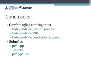 Conclusões Combinações contingentes Independe de partido político Independe de PIB Independe de condições de acesso Soluções pc*~pp ~pc*ca pc*pp*~ca 