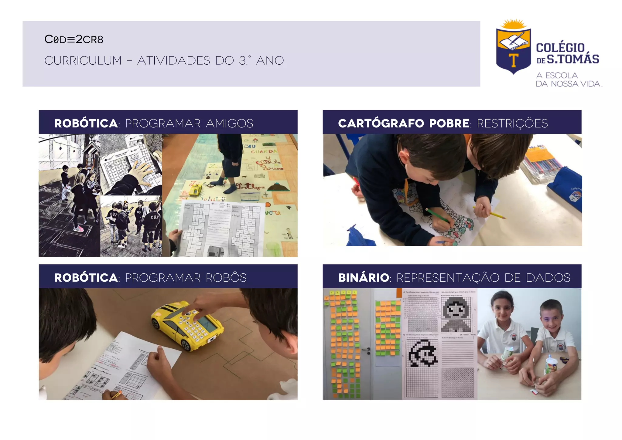 CARTÓGRAFO POBRE: RESTRIÇÕES
ROBÓTICA: PROGRAMAR ROBÔS BINÁRIO: REPRESENTAÇÃO DE DADOS
CURRICULUM – ATIVIDADES DO 3.° ANO
C0D≡2CR8
ROBÓTICA: PROGRAMAR AMIGOS
 