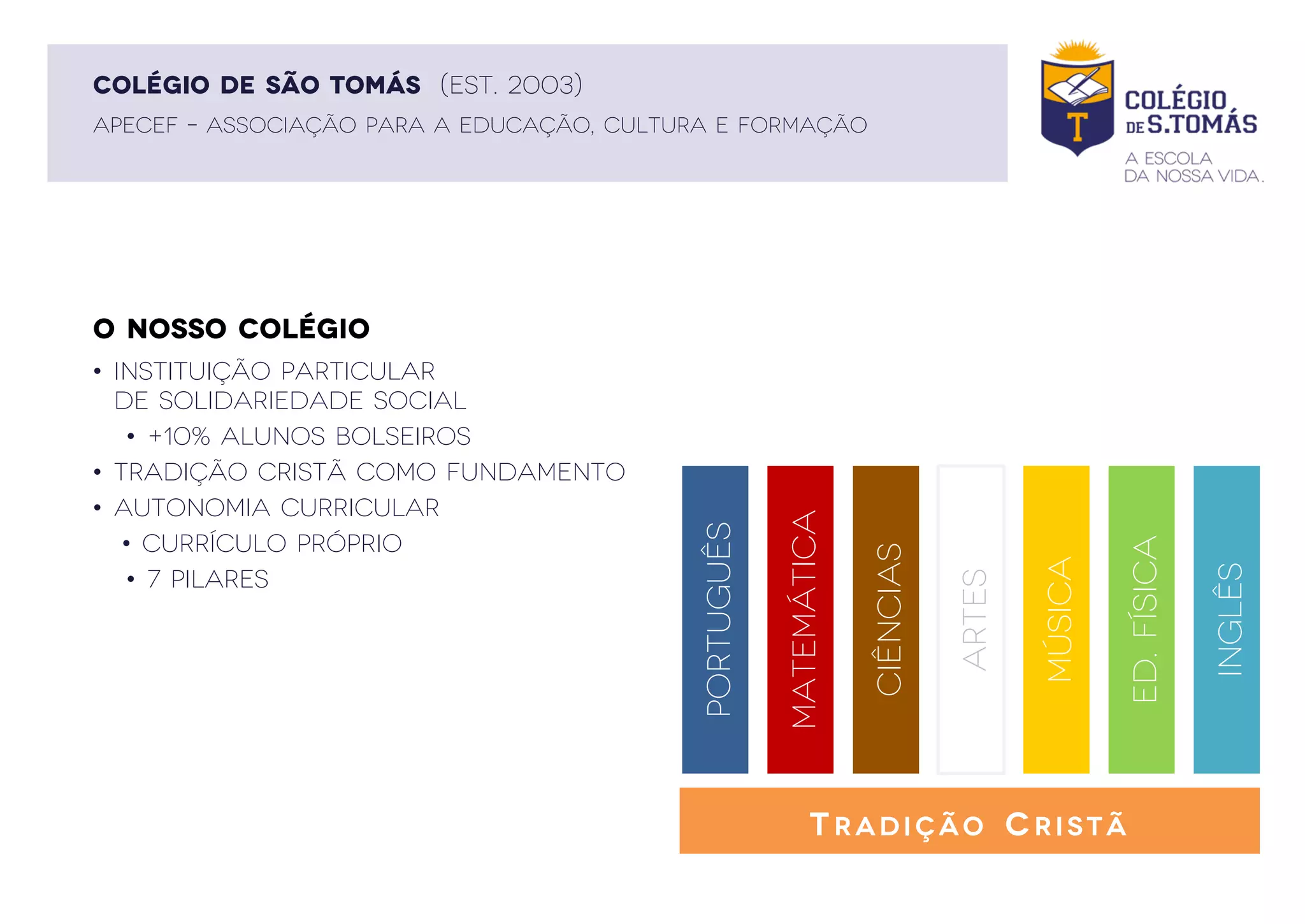 O NOSSO COLÉGIO
APECEF – ASSOCIAÇÃO PARA A EDUCAÇÃO, CULTURA E FORMAÇÃO
COLÉGIO DE SÃO TOMÁS (EST. 2003)
• instituição particular
de solidariedade social
• +10% alunos bolseiros
• Tradição Cristã como fundamento
• Autonomia Curricular
• Currículo Próprio
• 7 Pilares
Matemática
Ciências
Artes
Música
Ed.Física
Inglês
Português
TRADIÇÃO CRISTÃ
 
