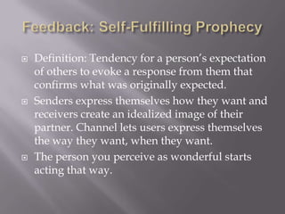 Feedback: Self-Fulfilling ProphecyDefinition: Tendency for a person’s expectation of others to evoke a response from them that confirms what was originally expected. Senders express themselves how they want and receivers create an idealized image of their partner. Channel lets users express themselves the way they want, when they want. The person you perceive as wonderful starts acting that way. 