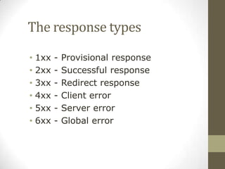 The response types

• 1xx   -   Provisional response
• 2xx   -   Successful response
• 3xx   -   Redirect response
• 4xx   -   Client error
• 5xx   -   Server error
• 6xx   -   Global error
 