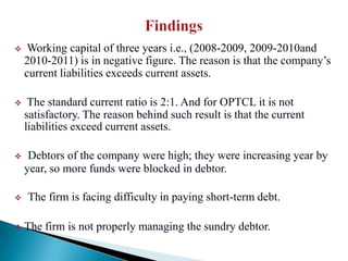     Working capital of three years i.e., (2008-2009, 2009-2010and
    2010-2011) is in negative figure. The reason is that the company’s
    current liabilities exceeds current assets.

    The standard current ratio is 2:1. And for OPTCL it is not
    satisfactory. The reason behind such result is that the current
    liabilities exceed current assets.

    Debtors of the company were high; they were increasing year by
    year, so more funds were blocked in debtor.

   The firm is facing difficulty in paying short-term debt.

   The firm is not properly managing the sundry debtor.
 