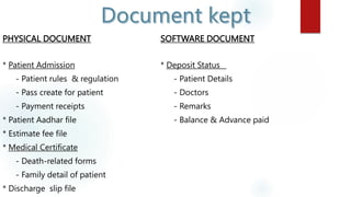 PHYSICAL DOCUMENT SOFTWARE DOCUMENT
* Patient Admission * Deposit Status
- Patient rules & regulation - Patient Details
- ...