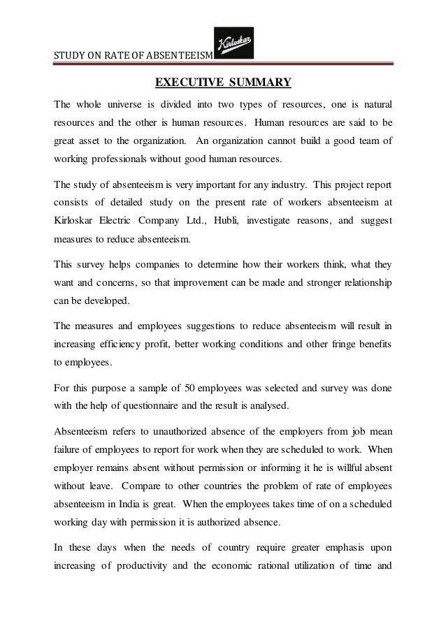 study on rate of absenteeism project executive summary example