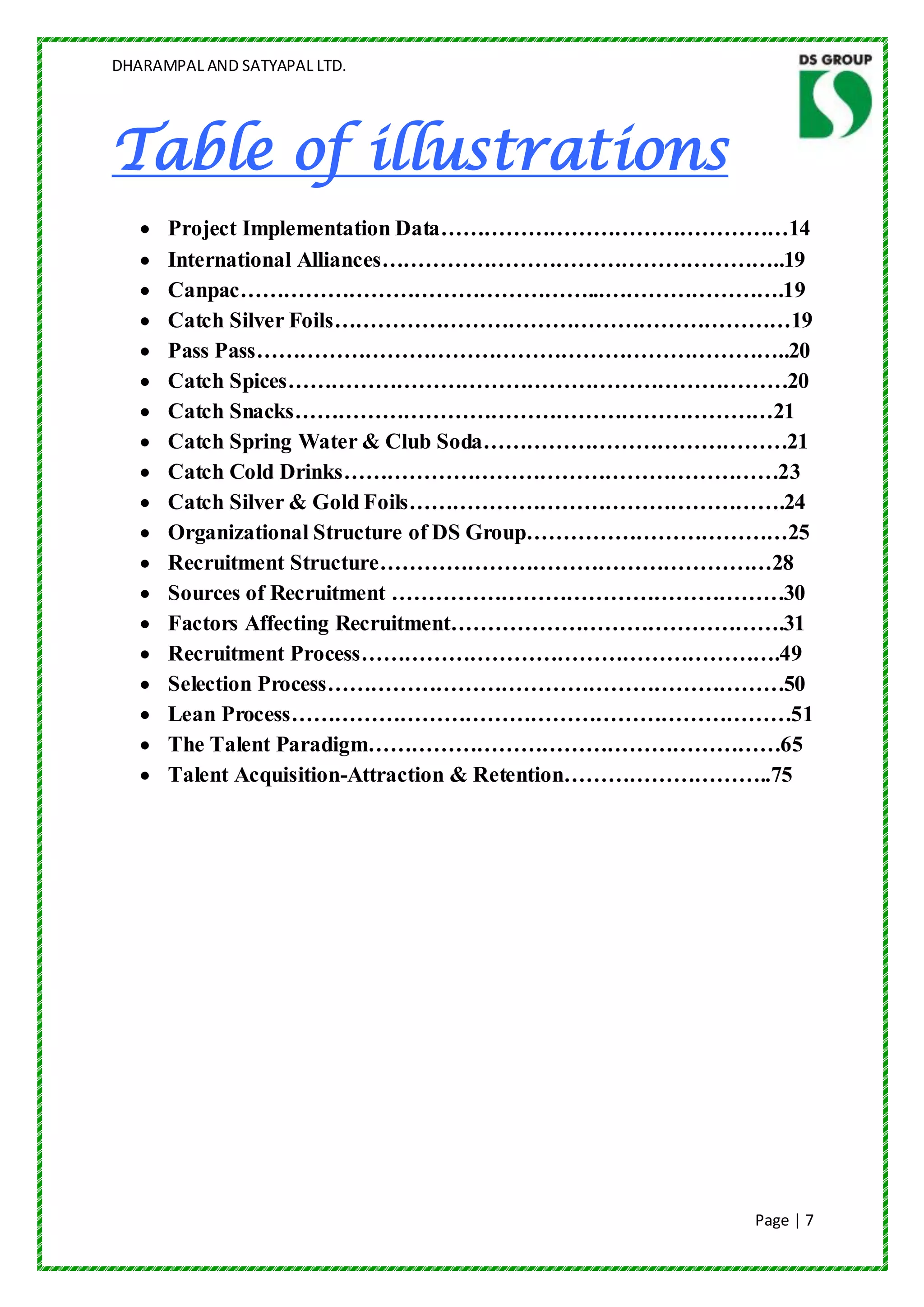 DHARAMPAL AND SATYAPAL LTD.




Table of illustrations
      Project Implementation Data…………………………………………14
      International Alliances………………………………………………..19
      Canpac…………………………………………...…………………….19
      Catch Silver Foils………………………………………………………19
      Pass Pass………………………………………………………………..20
      Catch Spices……………………………………………………………20
      Catch Snacks…………………………………………………………21
      Catch Spring Water & Club Soda……………………………………21
      Catch Cold Drinks……………………………………………………23
      Catch Silver & Gold Foils…………………………………………….24
      Organizational Structure of DS Group………………………………25
      Recruitment Structure………………………………………………28
      Sources of Recruitment ………………………………………………30
      Factors Affecting Recruitment……………………………………….31
      Recruitment Process………………………………………………….49
      Selection Process………………………………………………………50
      Lean Process……………………………………………………………51
      The Talent Paradigm…………………………………………………65
      Talent Acquisition-Attraction & Retention………………………..75




                                                       Page | 7
 