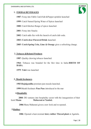 DHARAMPAL AND SATYAPAL LTD.


   1. FOOD & BEVERAGES

      1987: Foray into F&B, Catch Salt &Pepper sprinkle launched

      1999: Catch Natural Spring Water of Spices launched

      2000: Catch Kitchen Range of spices launched.

      2001: Foray into Snacks

      2002: Catch adds fizz with the launch of catch club soda.

      2003: Catch clear Flavored Drink launched.

      2005: Catch Spring Cola, Lime & Orange gives a refreshing change.



   2. Tobacco &Related Products

      1987: Quality chewing tobacco launched.

      1964: Tobacca was branded for the first time in India-BIRTH OF
      BABA.

      1979: Tulsi was launched



   3. Mouth fresheners

      1983:Rajnigandha premium pan masala launched.

      1999:Mouth freshners Pass Pass introduced to the mar

     4.Hospitality

        2000: DS ventures into hospitality sector with the inauguration of their
hotel Manu             Maharani at Nanital.

         2006:Manu Maharani given a new look and re-opened.

5.Rubber

         2006: Opened a heat resistant latex rubber Thread plant at Agartala.

                                                                        Page | 28
 