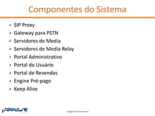Componentes do Sistema
   SIP Proxy
   Gateway para PSTN
   Servidores de Media
   Servidores de Media Relay
   Portal Administrativo
   Portal do Usuário
   Portal de Revendas
   Engine Pré-pago
   Keep Alive


                         Copyright © 2010 Virtual Office
 
