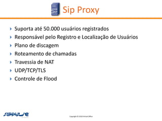 Sip Proxy
   Suporta até 50.000 usuários registrados
   Responsável pelo Registro e Localização de Usuários
   Plano de discagem
   Roteamento de chamadas
   Travessia de NAT
   UDP/TCP/TLS
   Controle de Flood




                          Copyright © 2010 Virtual Office
 