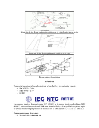 Situación de los descargadores de estáticas en el estabilizador de un avión
Situación de los descargadores de estáticas en la cola
Descargadores de estáticas
Normativa
Es esencial garantizar el cumplimiento de la legislación y normatividad vigente:
 IEC 62305-1-2-3-4
 NTC 4552-1-2-3-4
 RETIE
Las normas técnicas Internacionales IEC 62305-3 y la norma técnica colombiana NTC
45552-3 recomiendan verificar el SIPRA de acuerdo al nivel de seguridad que preste según
el tipo de instalación por períodos de acuerdo con la tabla de la NTC 4552-3 E.7 tabla E.2
Norma venezolana Sencamer:
 Normas 599-73 Sección 25
 