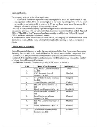 Customer Service-

The company believes in the following dictum-
    ―The customer is the most important visitor on our premises. He is not dependant on us. We
    are dependent on him. He is not an interruption in our work. He is the purpose of it. He is not
    an outsider in our business. He is a part of it. We are not doing him a favour by serving. He is
    doing us a favour by giving us an opportunity to do so.‖
Thus, it is evident that the company lays utmost importance to customer service. Customer
services and grievance cells are well established at company‘s corporate offices and all Regional
Offices. ―May I Help You?‖ counters have been provided in all Regional Offices, Divisional
Offices and Branch Offices for customer service.
In order to ensure better and efficient customer service, the company has decided to launch a toll
free number on an All India basis, catering to the needs of the existing as well as prospective
clients.

Current Market Structure-

General Insurance Industry was under the complete control of the four Government Companies
for nearly three decades. After much deliberation, the market was opened for competition from
December 2000. The government delinked the four public sector companies from holding
company GIC to operate as independent companies. The IRDA has issued licenses to a number
of private General Insurance Companies.
List of General Insurance Companies operating in the market as on date –

                 S.No             Name of the Company               Headquarters
                             Bajaj Allianz General Insurance           Pune
                   1.        Co. Ltd.
                   2.        ICICI Lombard General                      Mumbai
                             Insurance Co. Ltd.
                   3.        IFFCO Tokio General Insurance             Gurgaon
                             Co. Ltd.
                   4.        National Insurance Co.Ltd.                 Kolkata
                   5.        The New India Assurance Co.                Mumbai
                             Ltd.
                   6.        The Oriental Insurance Co. Ltd.          New Delhi
                   7.        Reliance General Insurance Co.            Mumbai
                             Ltd.
                   8.        Royal Sundaram Alliance                    Chennai
                             Insurance Co. Ltd
                   9.        Tata AIG General Insurance Co.             Mumbai
                             Ltd.
                  10.        United India Insurance Co. Ltd.            Chennai

                  11.        Cholamandalam MS General                   Chennai
                             Insurance Co. Ltd.




                                                22
 
