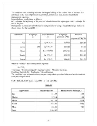 The combined ratio is the key indicator for the profitability of the various lines of business. It is
calculated on the basis of premium underwritten, commission paid, claims incurred and
management expenses.
Incurred claims is calculated as follows-
O/S claims (at the beginning of the year) + Claims intimated during the year – O/S claims (at the
end of the year)
Management expenses are apportioned to each portfolio by using a weighted average method as
shown below for the year 2010-11


  Department            Weightage          Gross Premium           Weightage          Allocated
                           (a)                   (b)             premium (a*b)
                                                                                  expenses(E*Ki/K)

              Fire                   1      K1=4179.65                  4179.65              1259.29

           Marine                 0.75      K2=1403.04                  1052.28                317.04

            Motor                    1      K3=17767.01                17767.01              5353.03

           Health                    1      K4=8302.35                  8302.35              2501.42

           Others                    1      K5=6940.91                  6940.91              2091.23

Where E = 11522 = Total management expenses
        K= Ʃ Ki
Total outgo = Commission paid + Incurred Claims + Allocated expenses
Combined Ratio (C.R) = Total outgo / Gross Premium
The combined ratio helps determine what percentage of the premium is incurred as expenses and
what percentage is saved.

CONTRIBUTION OF EACH SECTOR TO THE CLAIMS-

                                              2008-09

          Department                     Incurred claims             Share of total claims (%)
 Fire                                                  1161.97                                5.33
 Marine                                                 2574.4                               11.81
 Motor                                                12011.13                               55.08
 Health                                                4475.31                               20.52
 Misc.                                                 1583.06                                7.26
 Total                                                21805.87




                                                 56
 