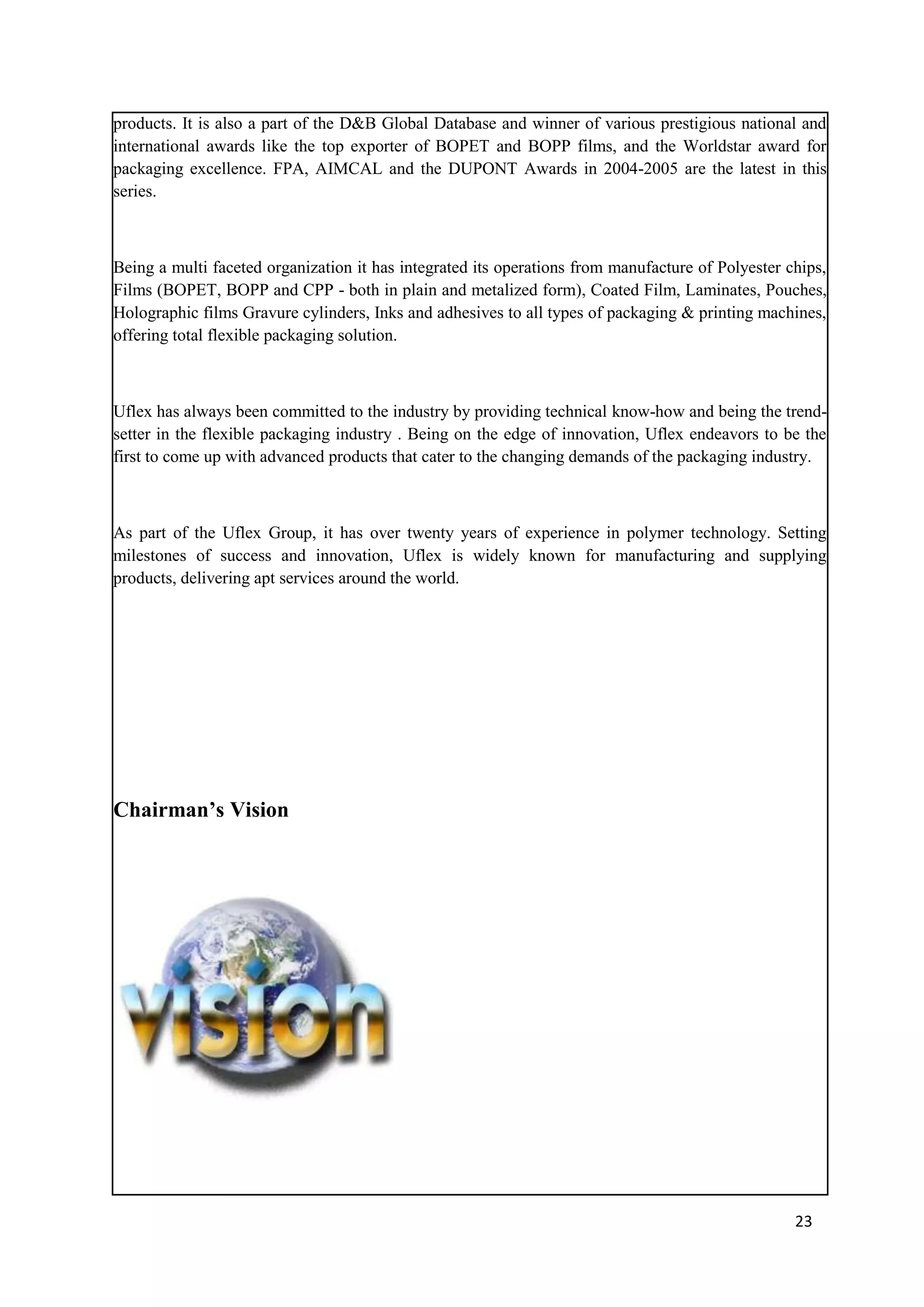 products. It is also a part of the D&B Global Database and winner of various prestigious national and
international awards like the top exporter of BOPET and BOPP films, and the Worldstar award for
packaging excellence. FPA, AIMCAL and the DUPONT Awards in 2004-2005 are the latest in this
series.



Being a multi faceted organization it has integrated its operations from manufacture of Polyester chips,
Films (BOPET, BOPP and CPP - both in plain and metalized form), Coated Film, Laminates, Pouches,
Holographic films Gravure cylinders, Inks and adhesives to all types of packaging & printing machines,
offering total flexible packaging solution.



Uflex has always been committed to the industry by providing technical know-how and being the trend-
setter in the flexible packaging industry . Being on the edge of innovation, Uflex endeavors to be the
first to come up with advanced products that cater to the changing demands of the packaging industry.



As part of the Uflex Group, it has over twenty years of experience in polymer technology. Setting
milestones of success and innovation, Uflex is widely known for manufacturing and supplying
products, delivering apt services around the world.




Chairman’s Vision




                                                                                                   23
 