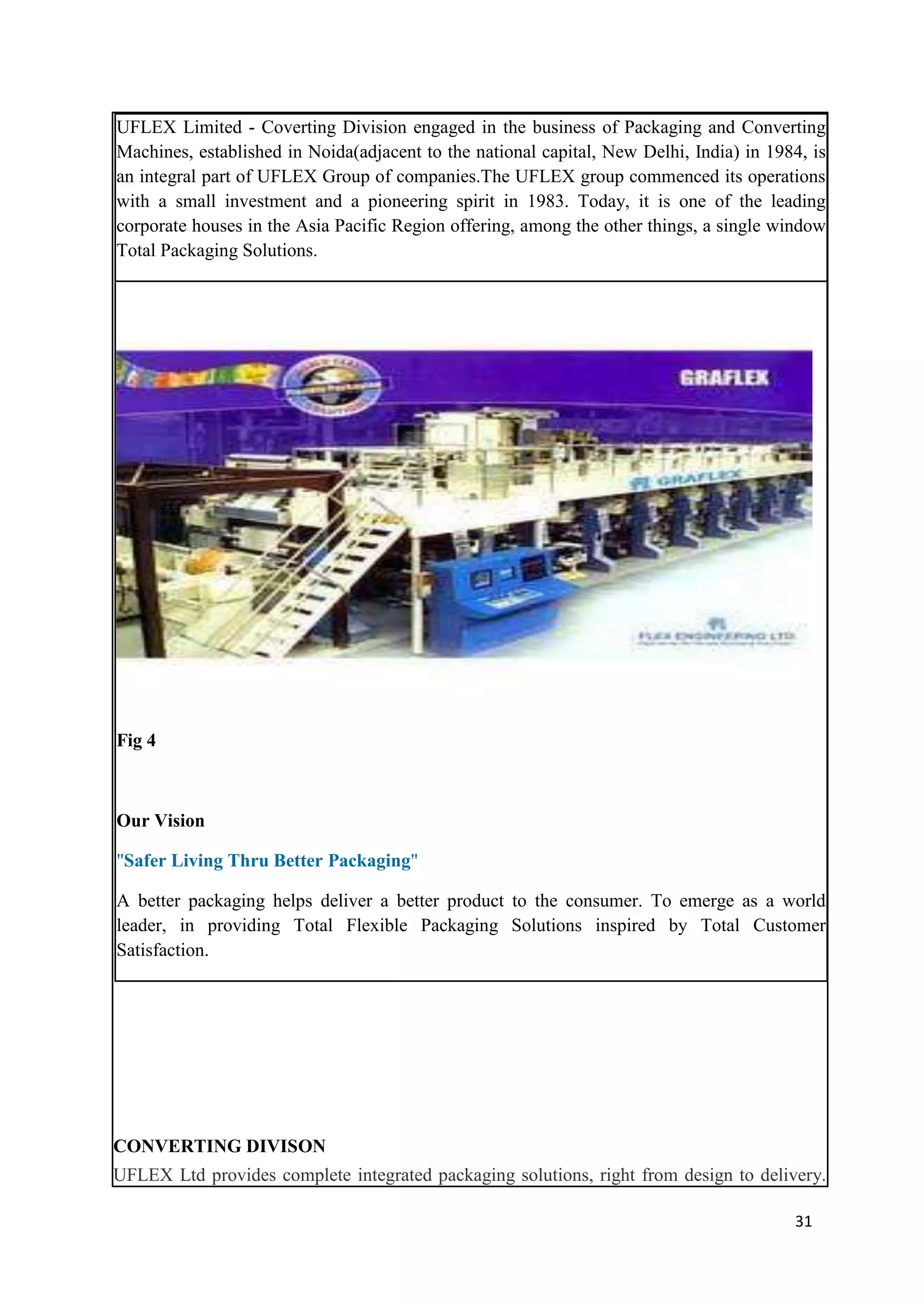 UFLEX Limited - Coverting Division engaged in the business of Packaging and Converting
Machines, established in Noida(adjacent to the national capital, New Delhi, India) in 1984, is
an integral part of UFLEX Group of companies.The UFLEX group commenced its operations
with a small investment and a pioneering spirit in 1983. Today, it is one of the leading
corporate houses in the Asia Pacific Region offering, among the other things, a single window
Total Packaging Solutions.




Fig 4



Our Vision

"Safer Living Thru Better Packaging"

A better packaging helps deliver a better product to the consumer. To emerge as a world
leader, in providing Total Flexible Packaging Solutions inspired by Total Customer
Satisfaction.




CONVERTING DIVISON
UFLEX Ltd provides complete integrated packaging solutions, right from design to delivery.

                                                                                         31
 