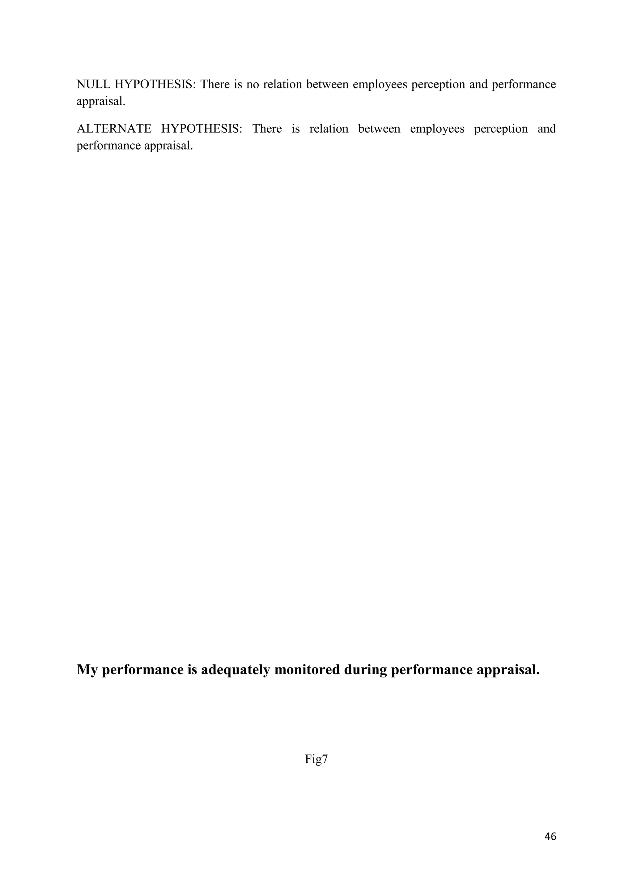 NULL HYPOTHESIS: There is no relation between employees perception and performance
appraisal.

ALTERNATE HYPOTHESIS: There is relation between employees perception and
performance appraisal.




My performance is adequately monitored during performance appraisal.




                                       Fig7




                                                                                46
 